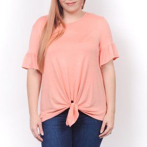 Annabelle Peach Tie Front & Ruffle Sleeve Knit Tee
